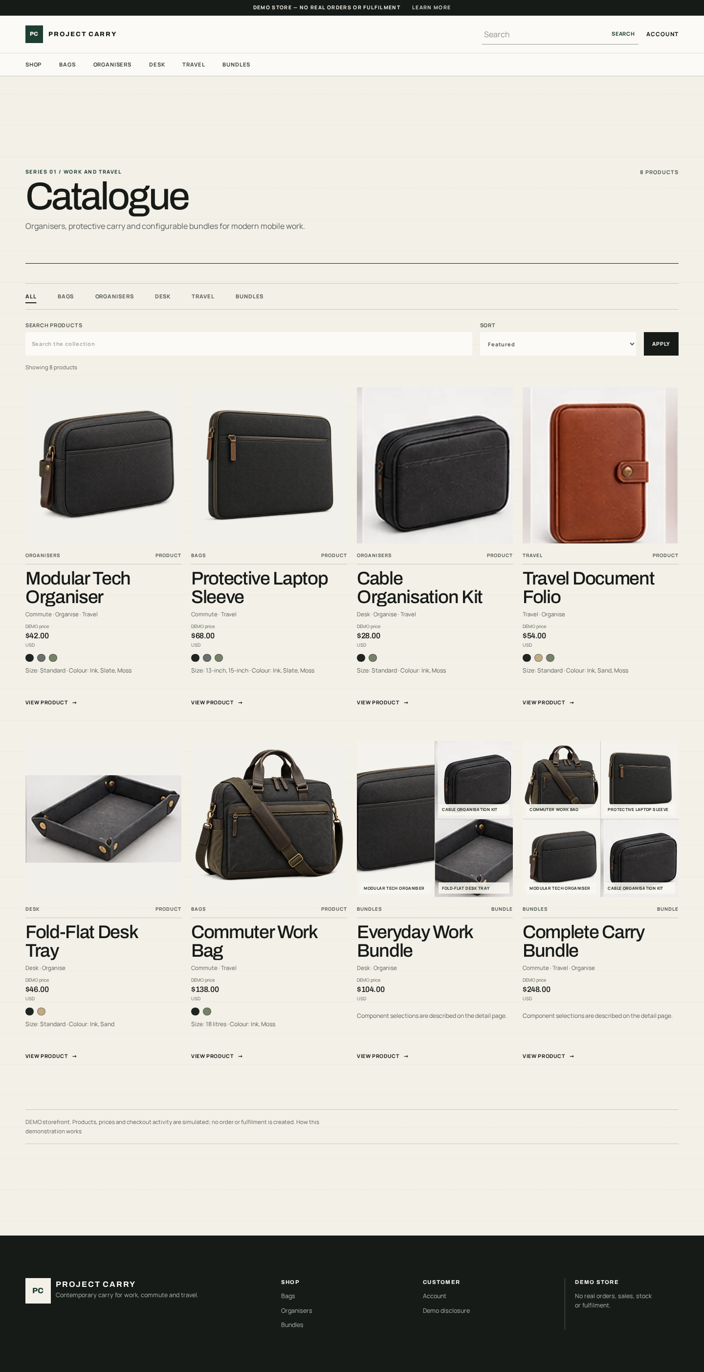 Project Carry catalogue showing eight provisional work-and-travel accessory offers in the Contemporary Product Commerce storefront