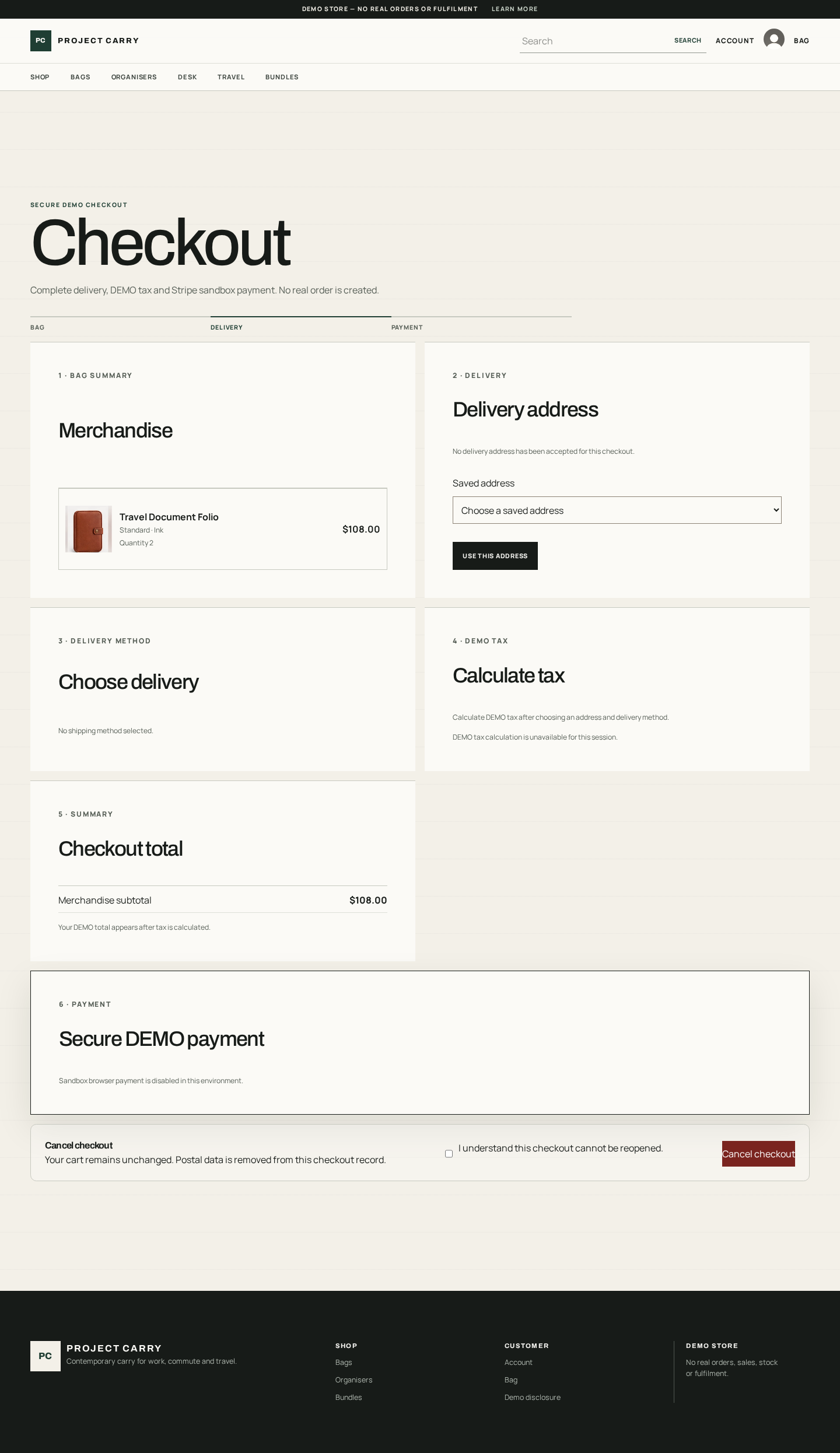 Authenticated Project Carry checkout showing the staged address, shipping, tax and payment boundary