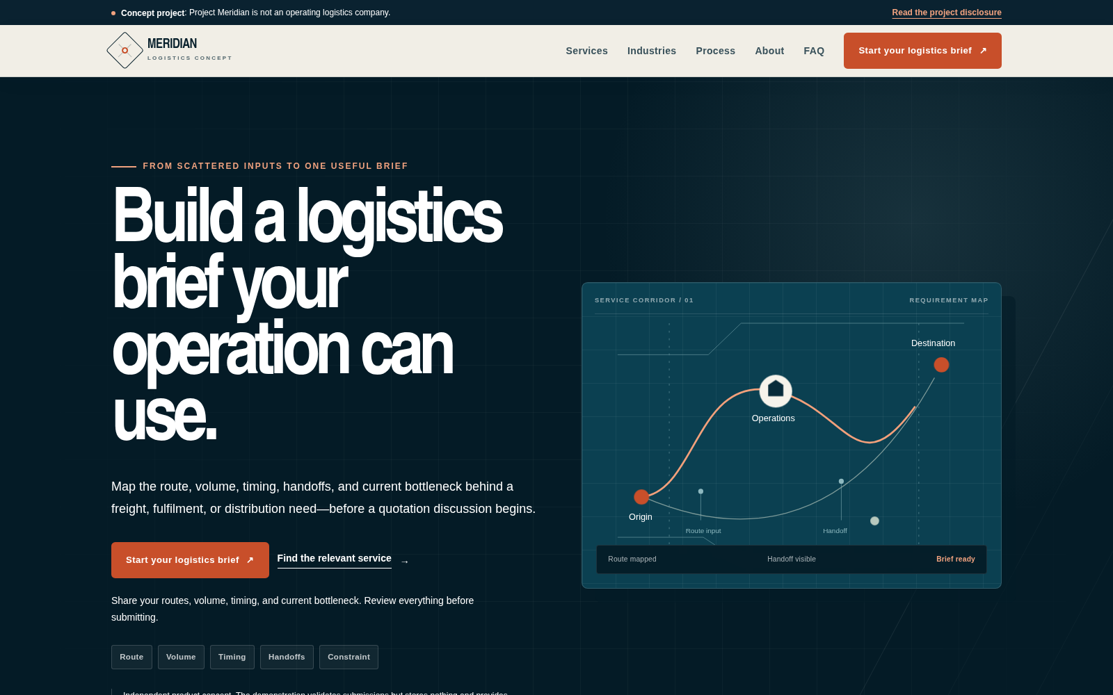 Project Meridian concept homepage with logistics route graphics, service pathways and a visible concept disclosure