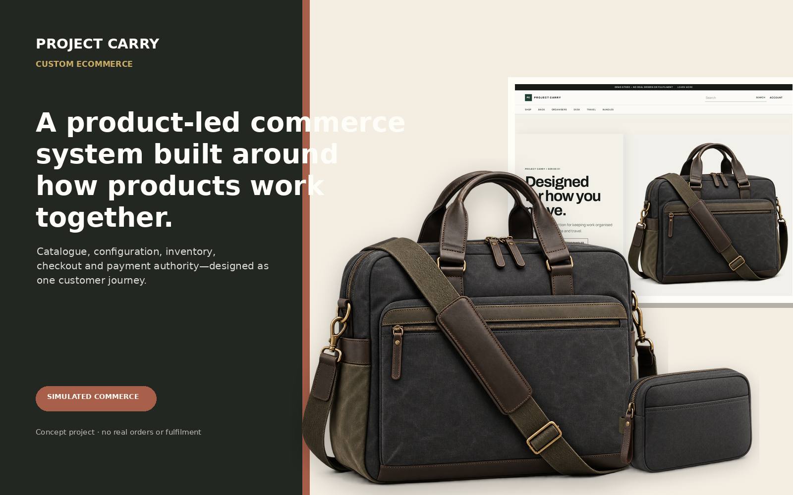 Project Carry concept composition combining a premium work bag with the production-rendered commerce storefront