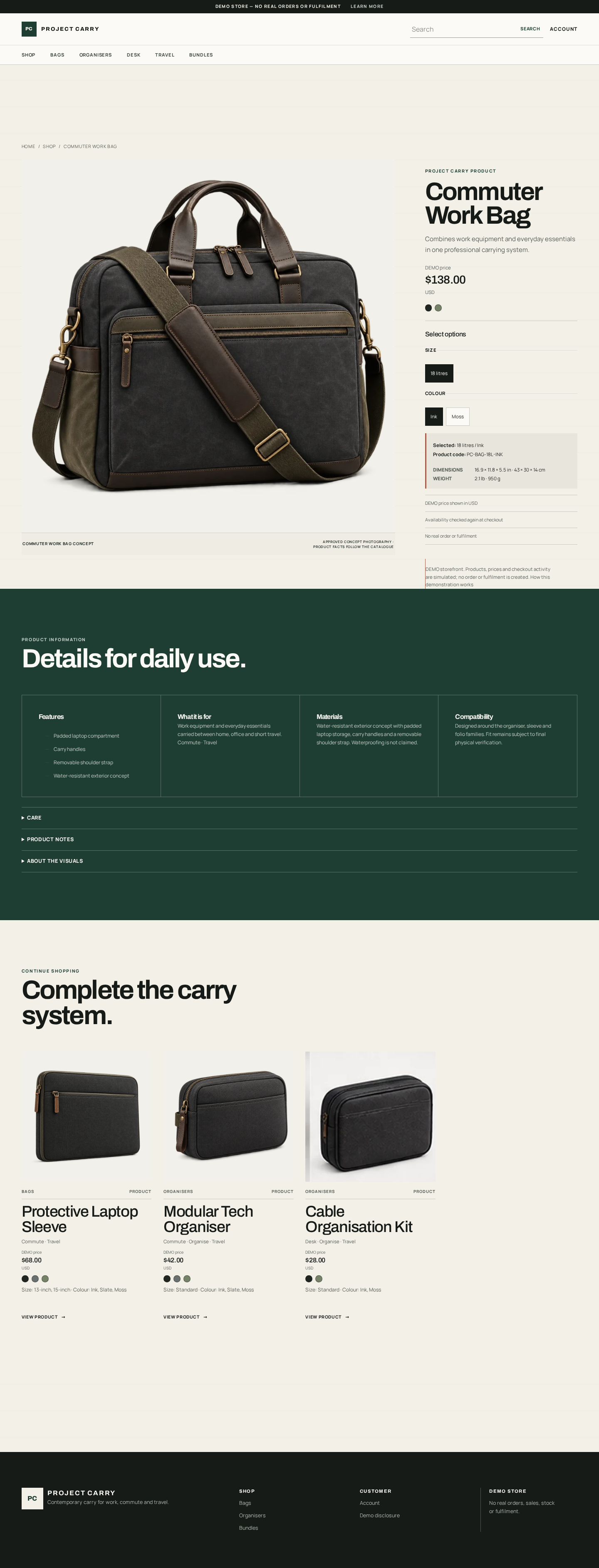Project Carry Commuter Work Bag product detail page with product media, variant selection and purchase controls