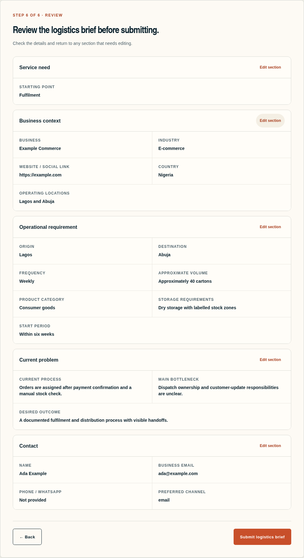 Grouped Project Meridian logistics brief review populated with clearly synthetic example details