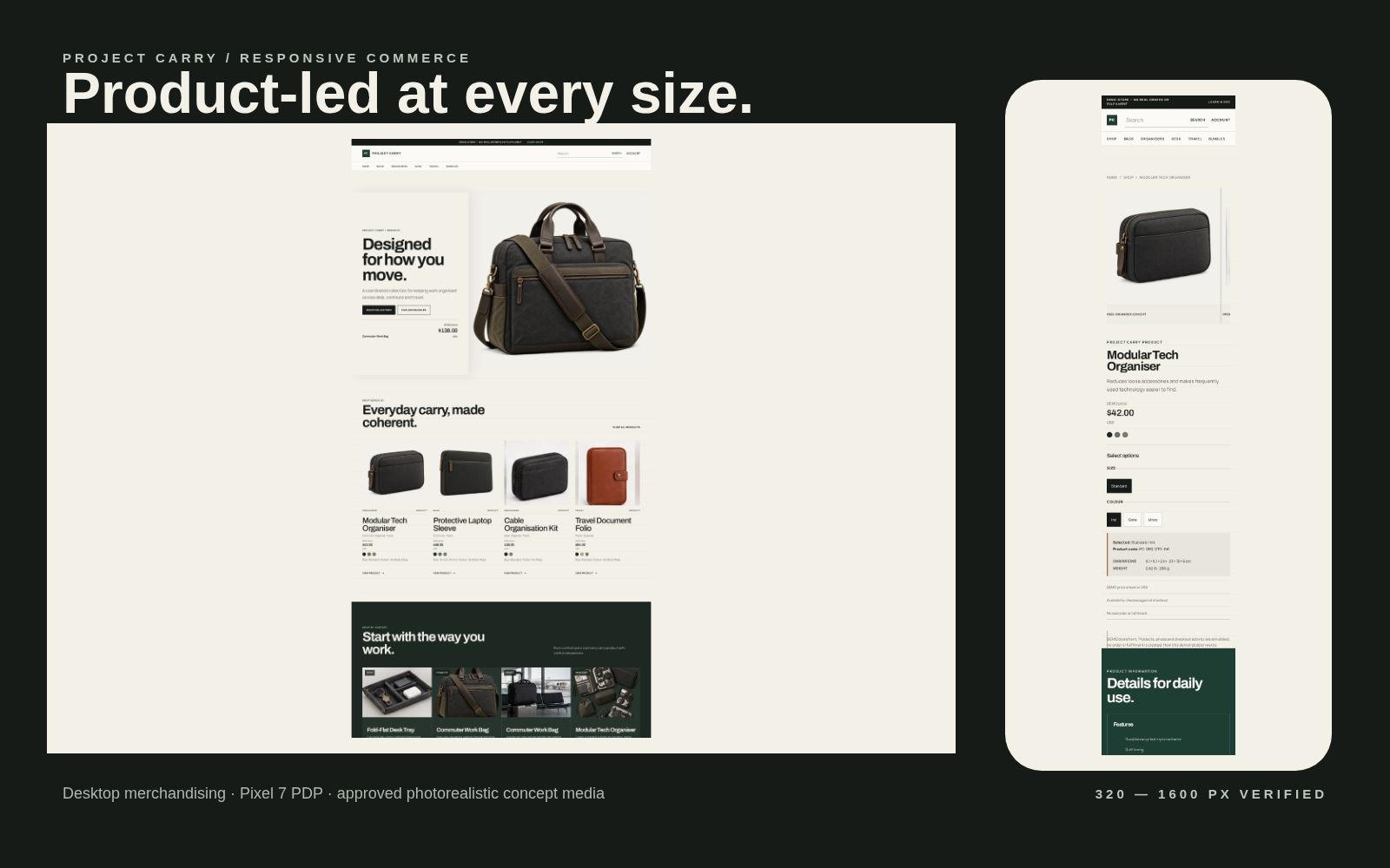 Project Carry responsive composite showing the concept storefront across desktop, tablet and mobile screens