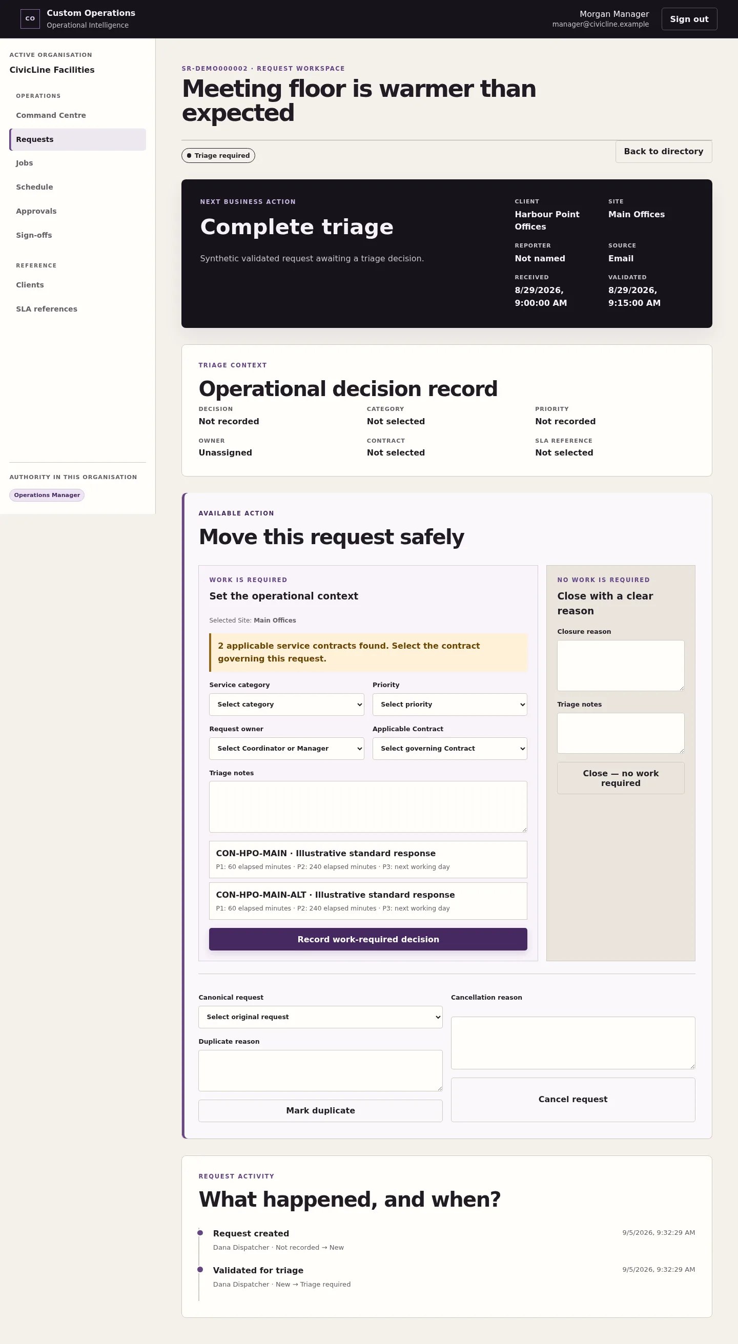 Service Request triage workspace with ownership, contract context, service commitment and controlled conversion actions