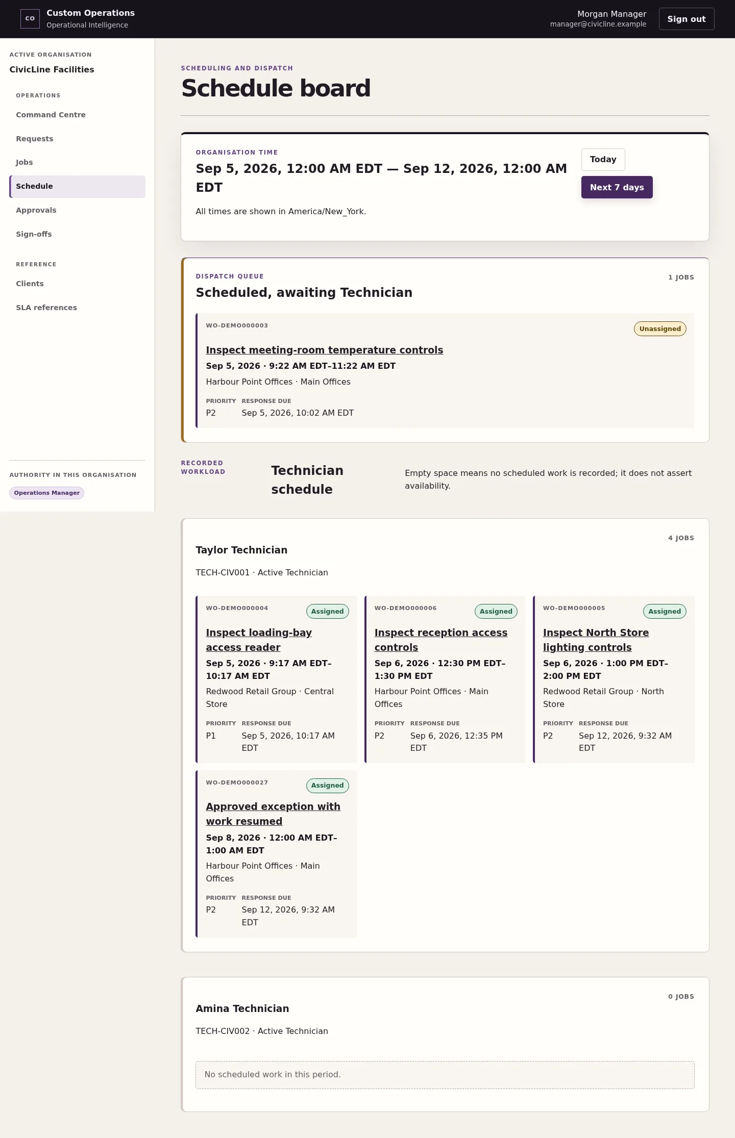 Schedule and dispatch workspace with recorded work windows, Technician assignment and conflict handling