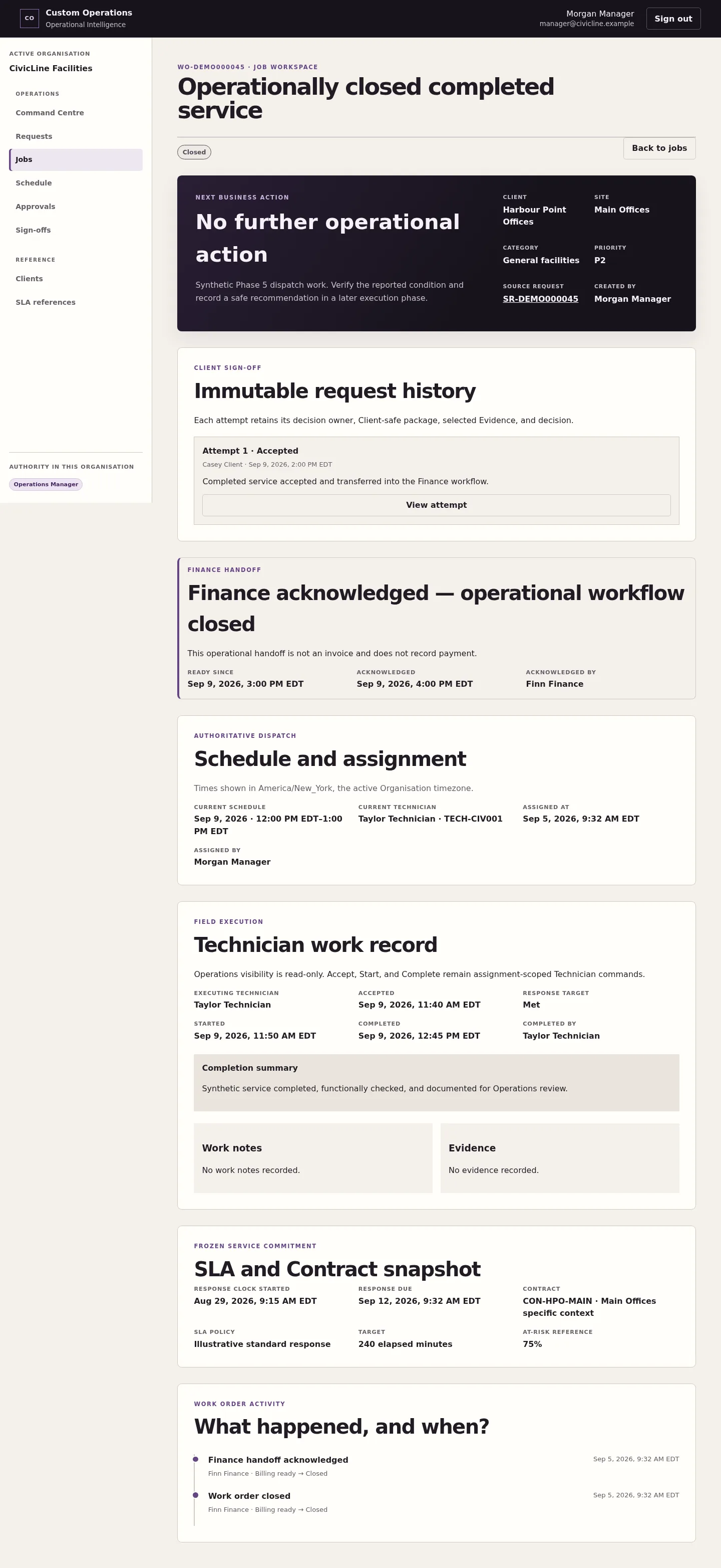 Work Order workspace showing lifecycle, assignment, service context, evidence and operational history