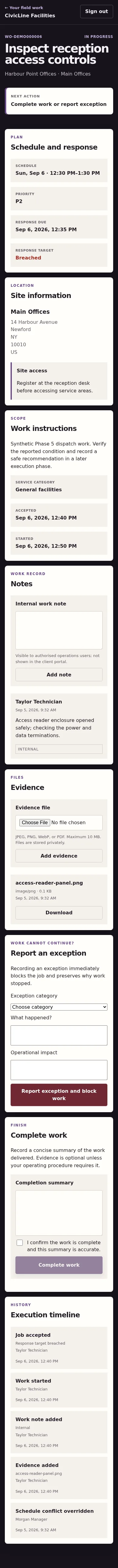 Mobile Technician workspace with accept, start, note, evidence, exception and completion actions