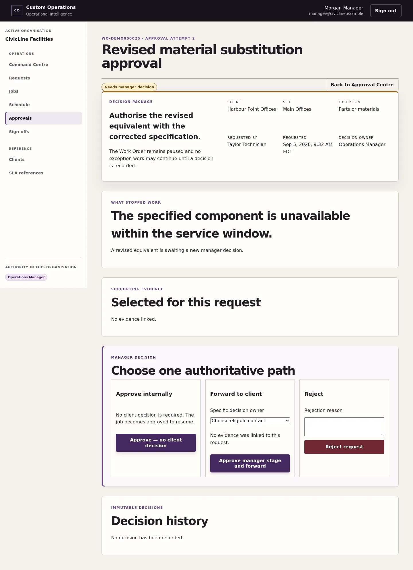 Internal approval detail showing exception context, decision owner, evidence and immutable attempt history