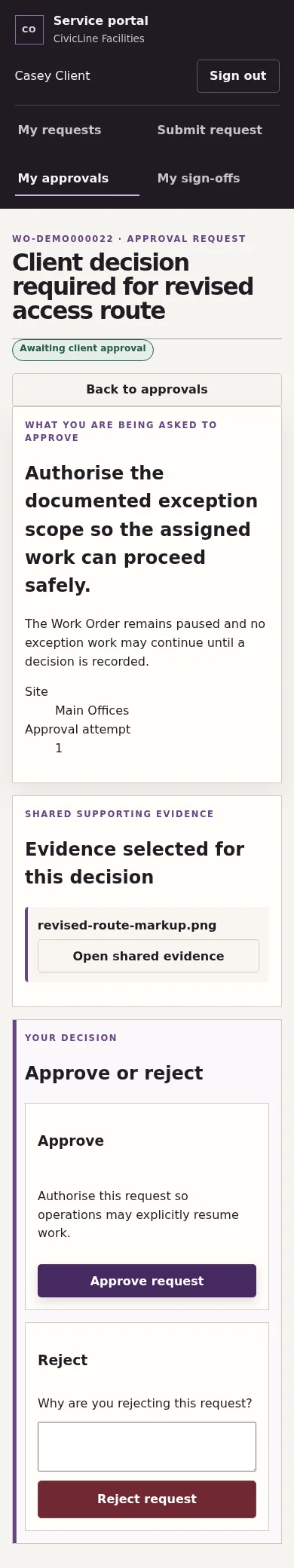 Mobile Client approval page exposing only the scoped decision and explicitly shared evidence