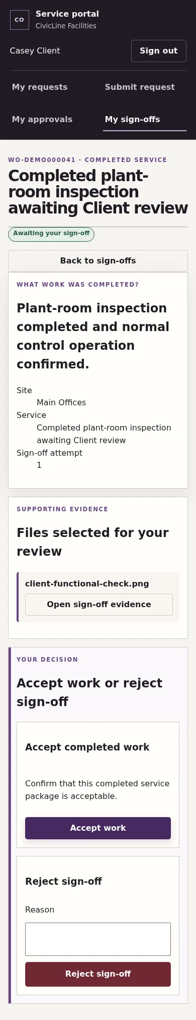 Mobile Client completion review with service summary, shared evidence and accept or reject controls