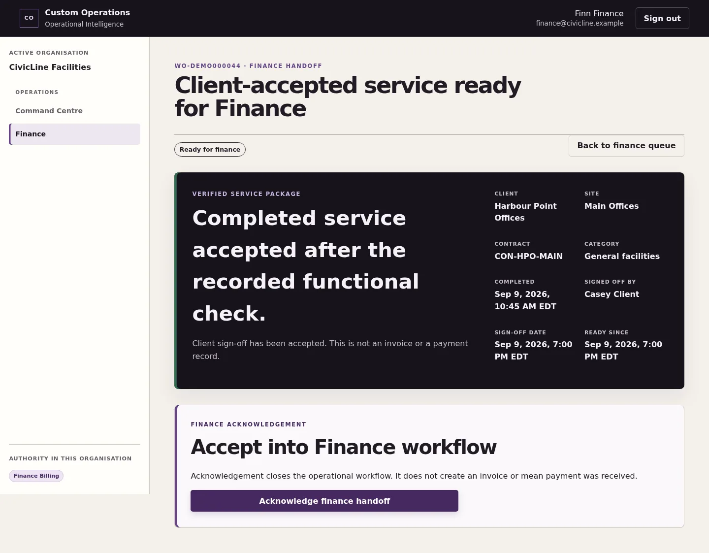 Finance handoff workspace with accepted service context and acknowledgement control
